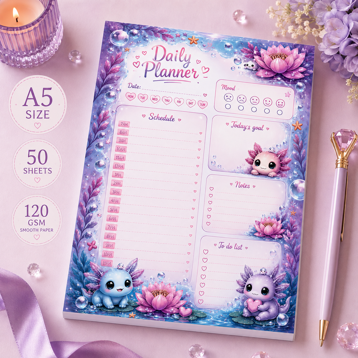 A5 Daily Planner – Cute Axolotl | Personalisation Available