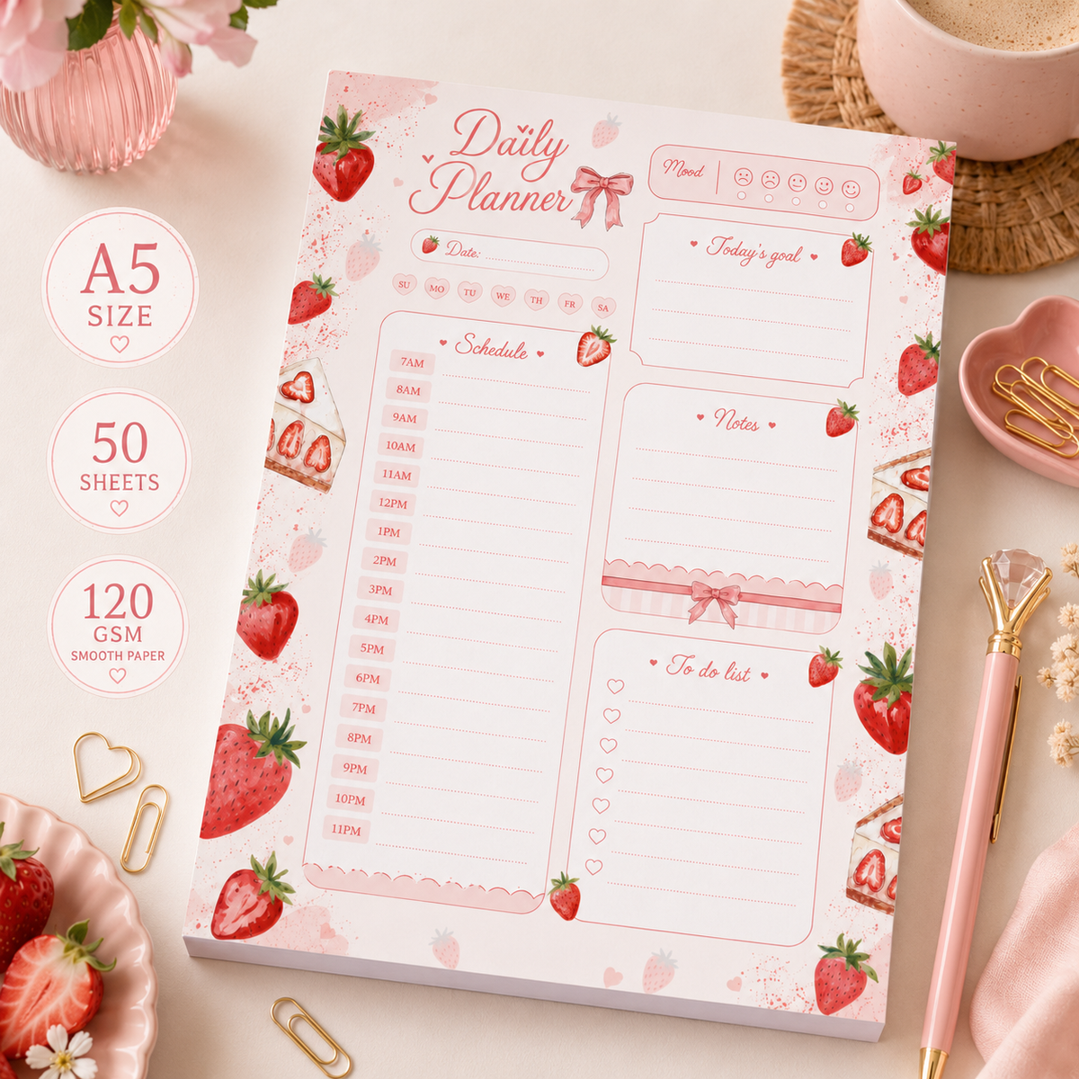 A5 Daily Planner – Strawberry Cheesecake | Personalisation Available