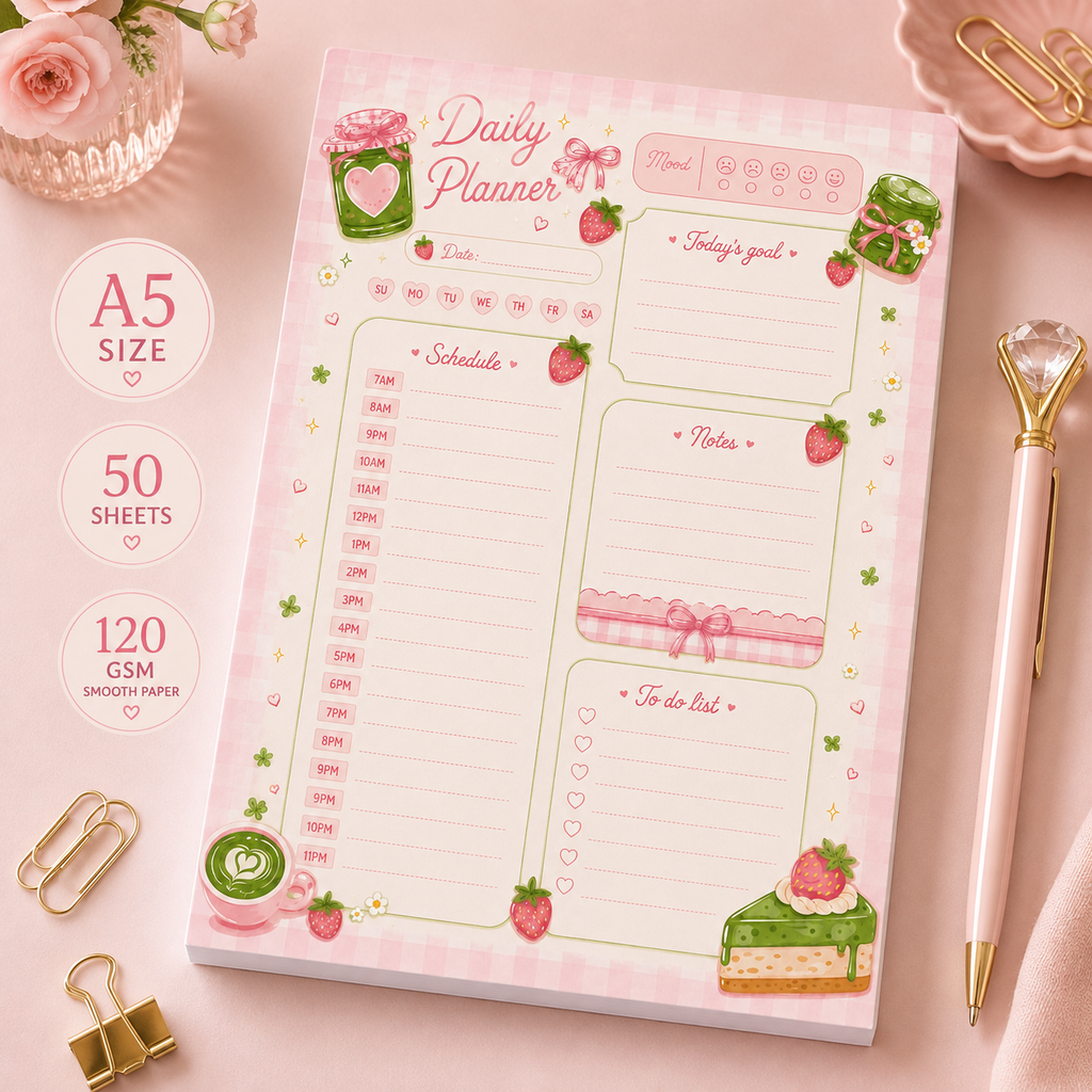 A5 Daily Planner – Strawberry Matcha | Personalisation Available