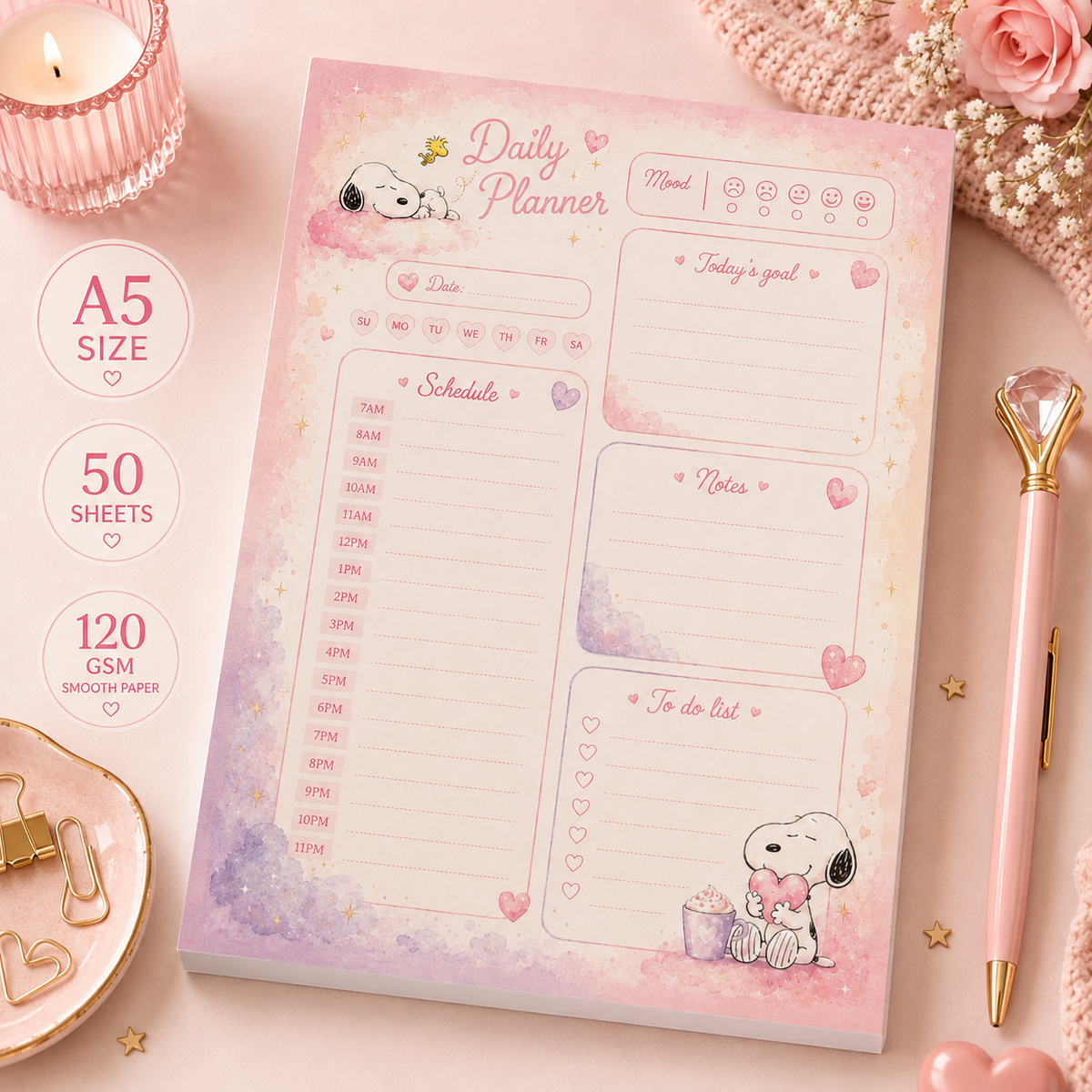 A5 Daily Planner – Snoopy with a heart | Personalisation Available