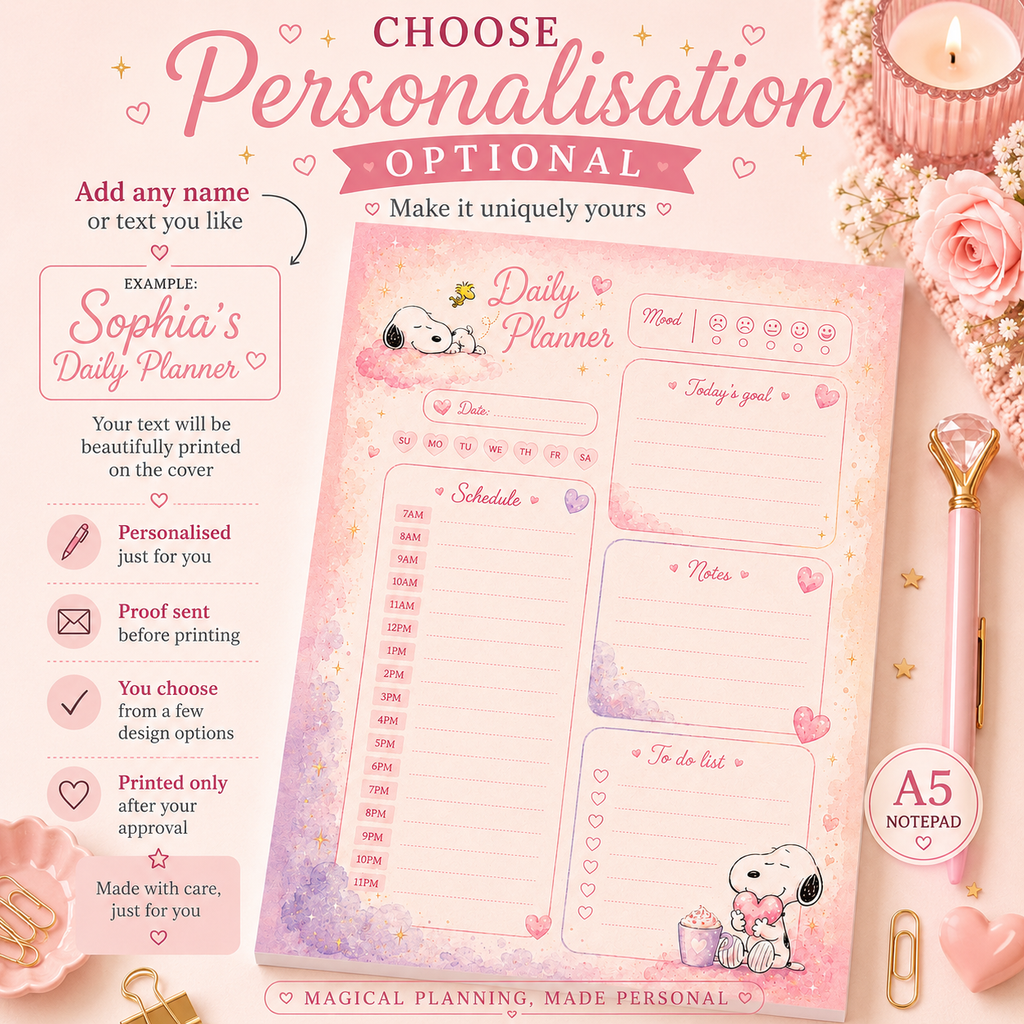 A5 Daily Planner – Snoopy with a heart | Personalisation Available