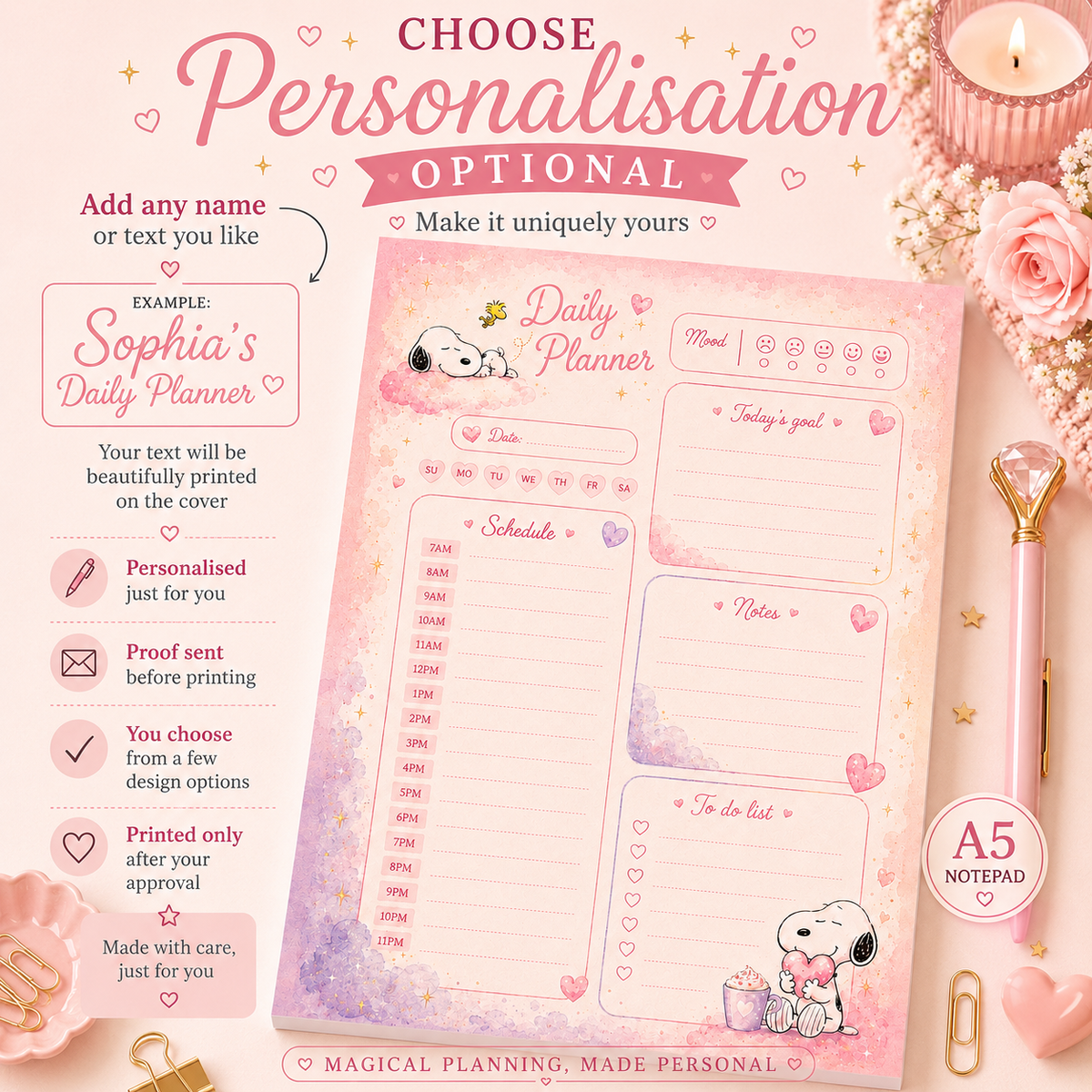 A5 Daily Planner – Snoopy with a heart | Personalisation Available