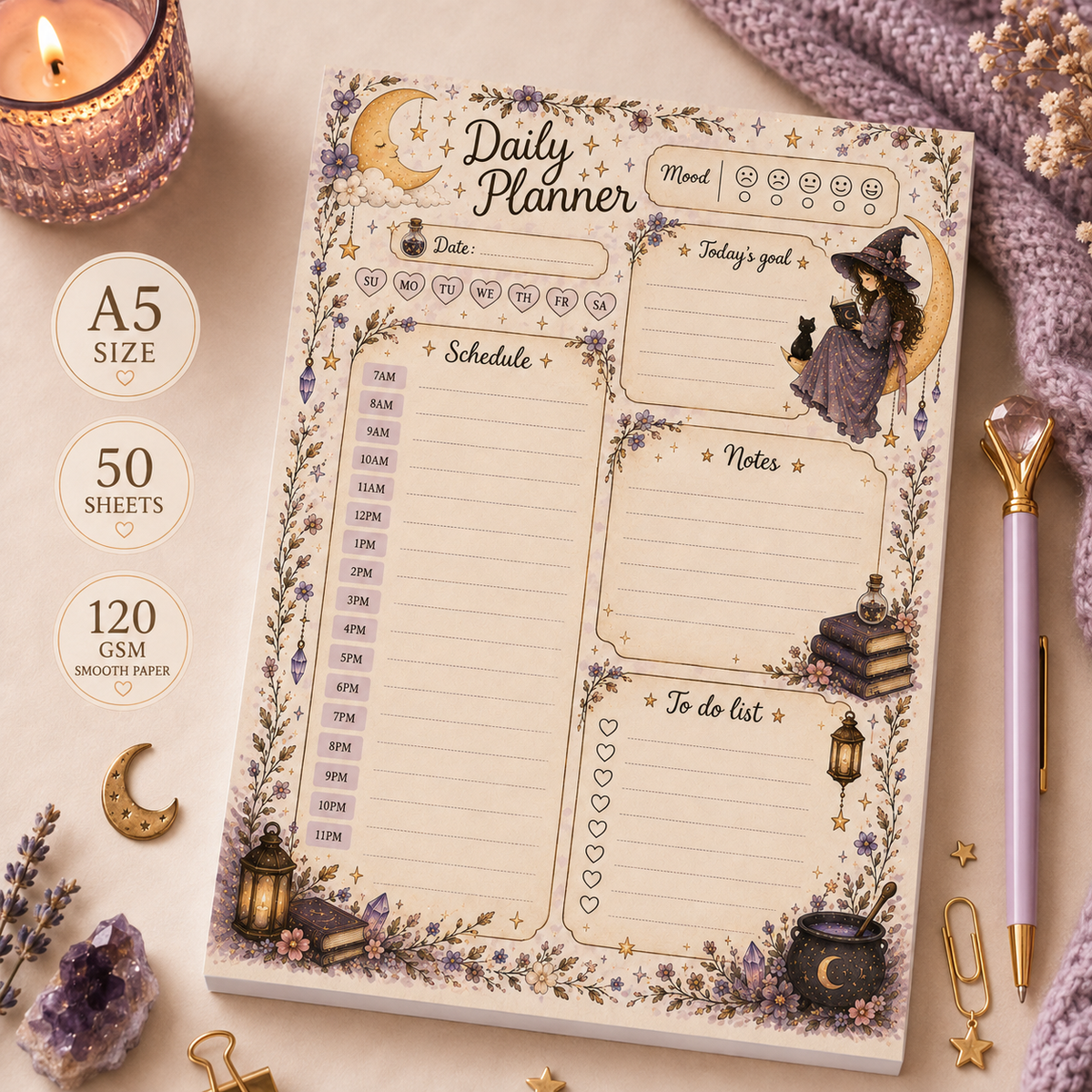A5 Daily Planner – Midnight Spell | Personalisation Available