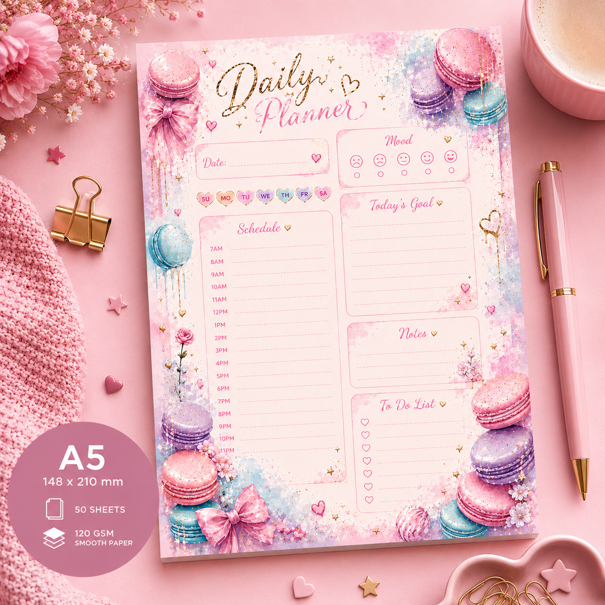 A5 Daily Planner – "Sweet Macarons" | Personalisation Available