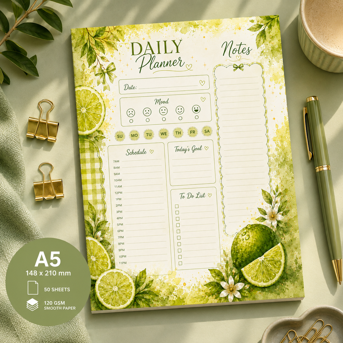 A5 Daily Planner – "Lime Breeze" | Personalisation Available