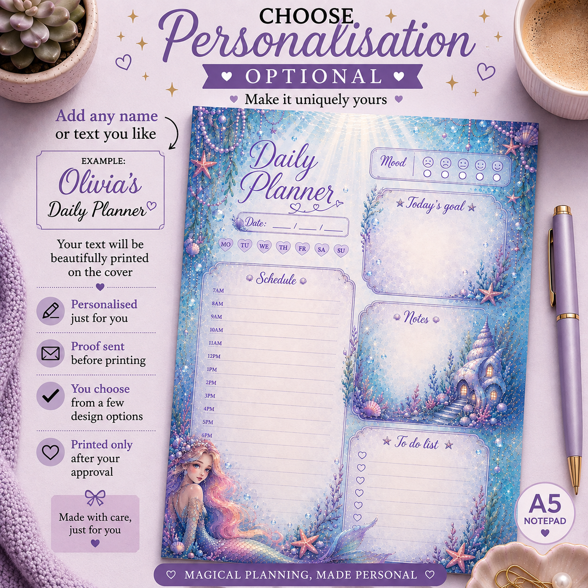 A5 Daily Planner – "Mermaid Lagoon"| Personalisation Available