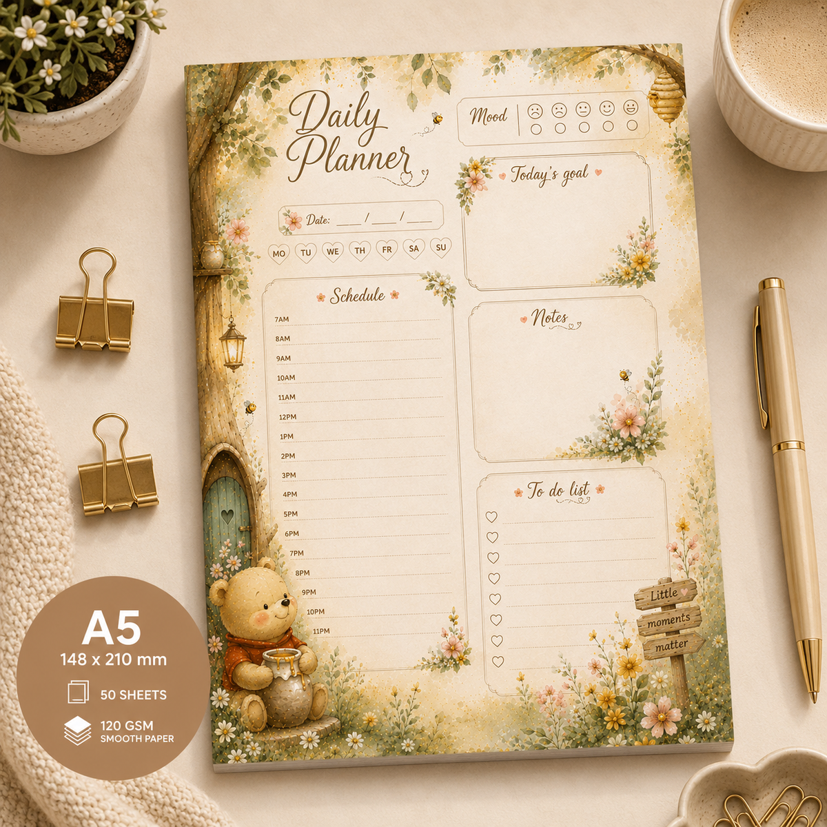A5 Daily Planner – "Honey Bear Dreams" | Personalisation Available
