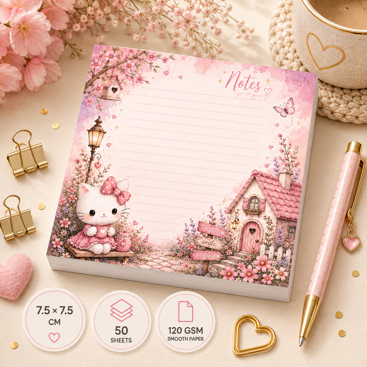 Mini Notepad 7,5 × 7,5 cm – "Kitty Cottage"