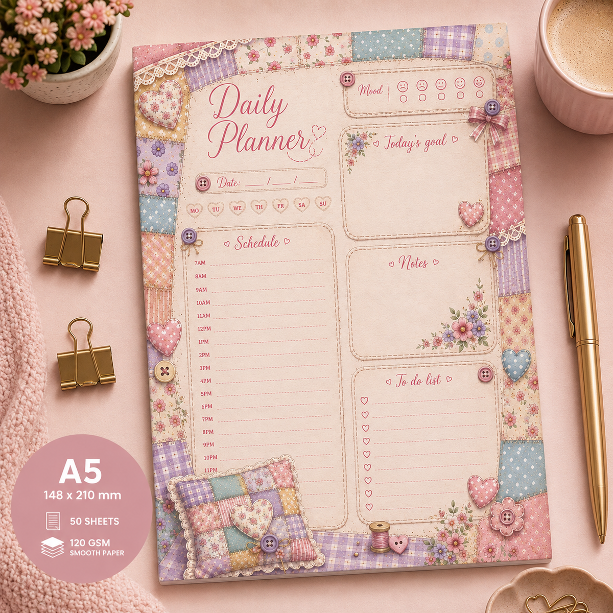 A5 Daily Planner – "Cozy Patchwork" | Personalisation Available