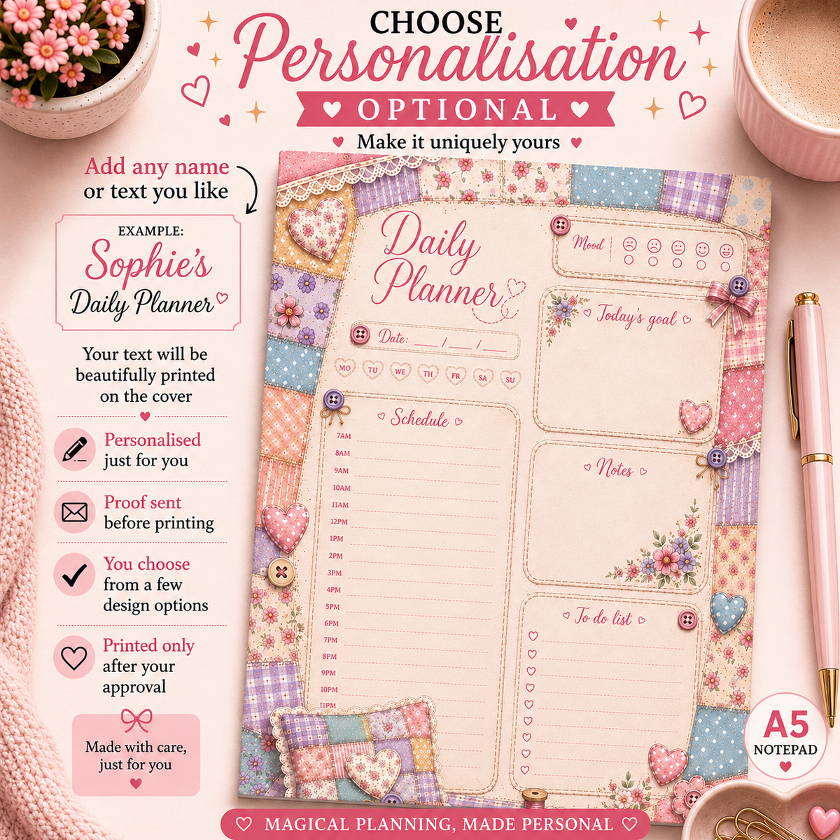 A5 Daily Planner – "Cozy Patchwork" | Personalisation Available