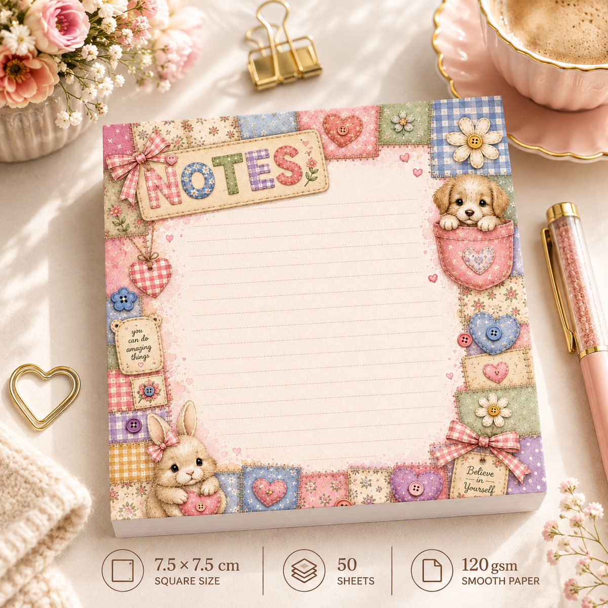 Mini Notepad 7,5 × 7,5 cm – "Stitched with Love"