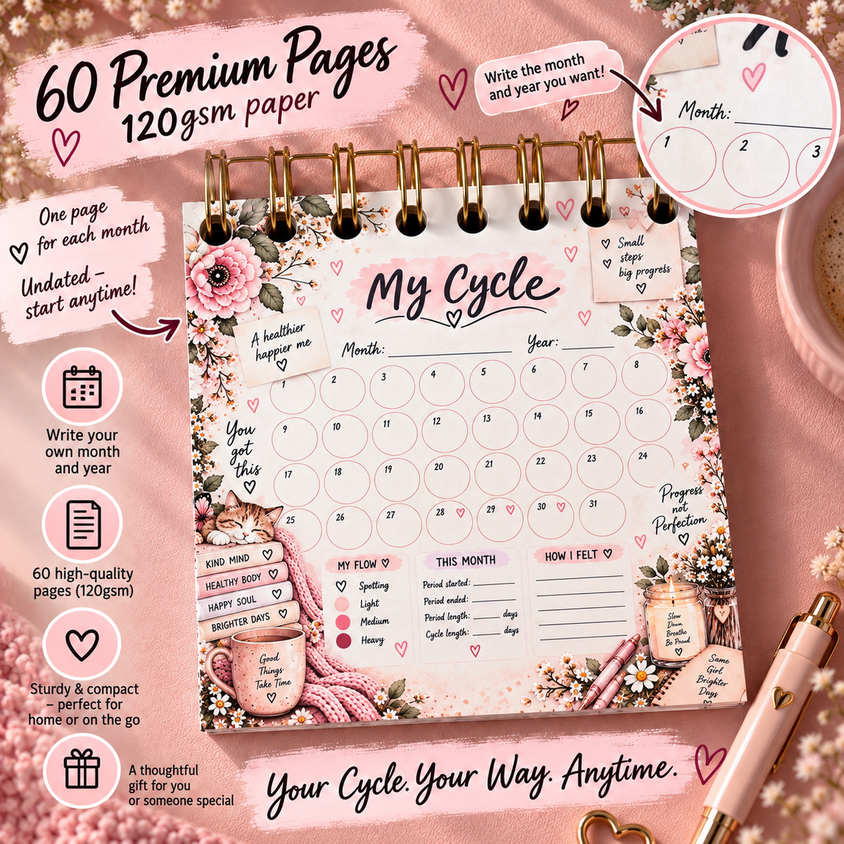 Personalised Handmade Cycle Tracker, 5 Year, Cat