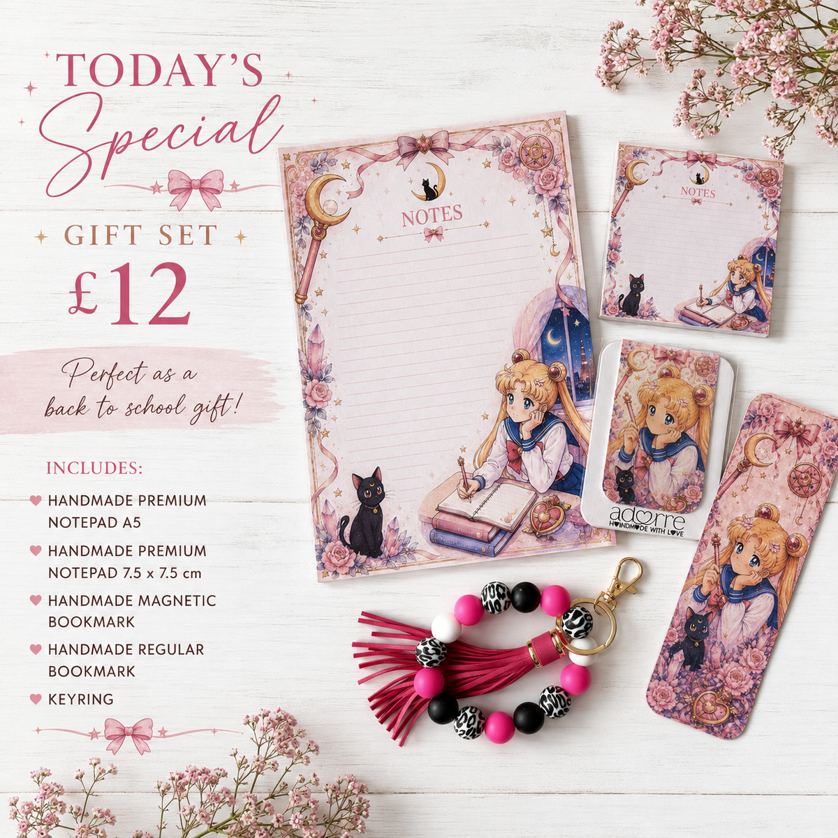 Handmade Back to School Stationery Gift Set | 5 Piece Notepad, Bookmarks & Keyring