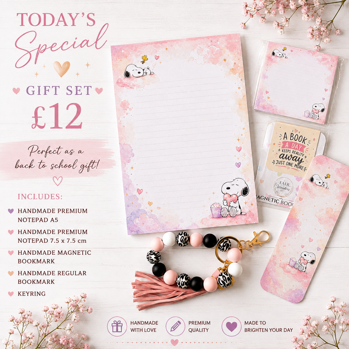 Handmade Back to School Stationery Gift Set | 5 Piece Notepads, Bookmark & Keyring