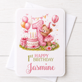 Personalised Girly Bear 1st Birthday Card