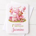 Personalised Girly Bear 1st Birthday Card