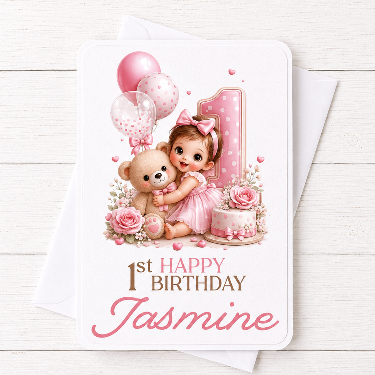 Personalised Girl with a Bear 1st Birthday Card