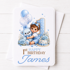 Personalised Baby Boy and Bear 1st Birthday Card